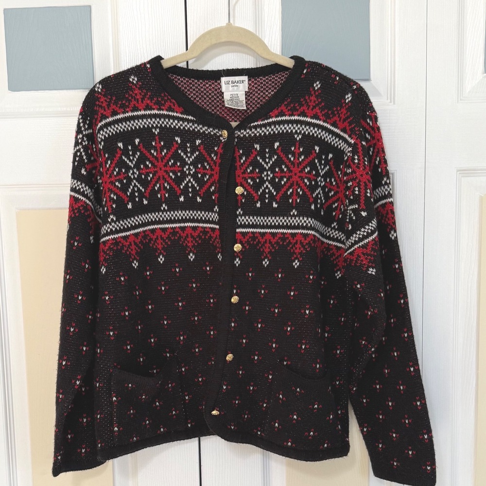 Liz Baker Christmas Holiday Snowflake Fair Isle Knit Cardigan‎ Red Black White M